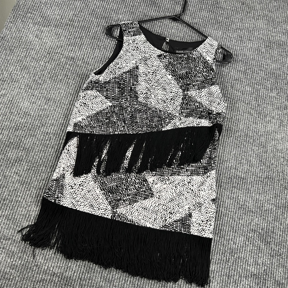 Frank Lyman Design Dress Womens 4 Black White Fringe Geometric Shift Style 61600